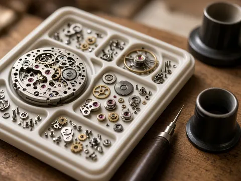 Illustration of a disassembled watch movement laid out in a parts tray during an overhaul