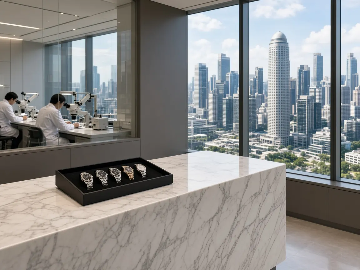 Illustration of a watch service centre reception in a city office tower, with technicians at benches behind glass and a skyline view